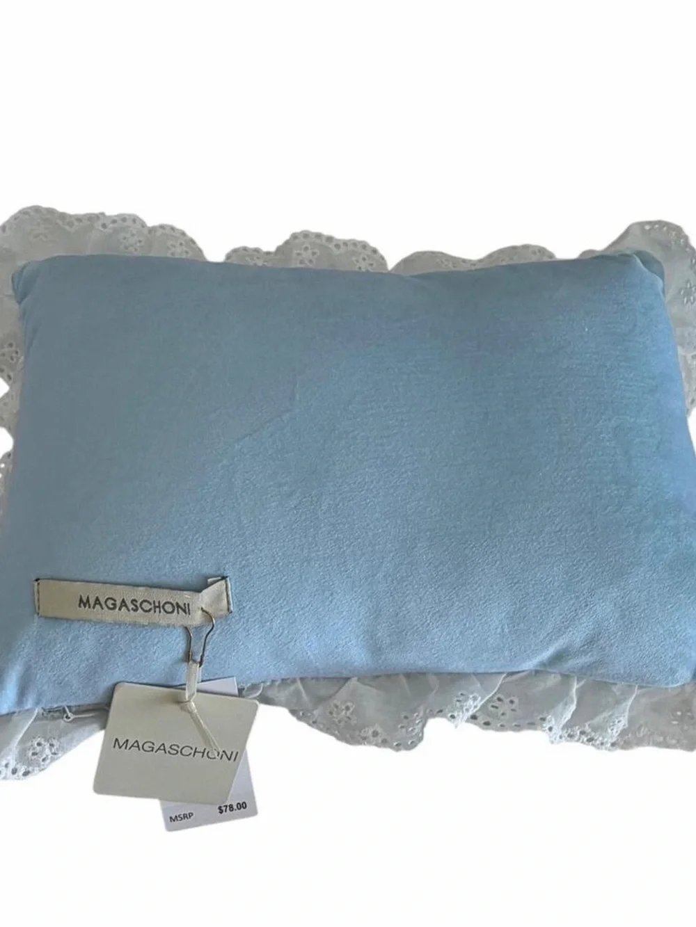 Magaschoni Sweet Dreams Blue Gingham Lace Decorative Pillow NWT